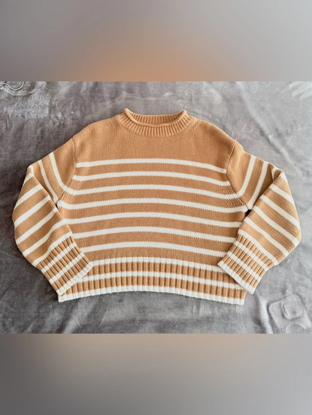 J.CREW Rollneck Sweater Womens M Camel Striped Cotton Chunky Knit Preppy Coastal